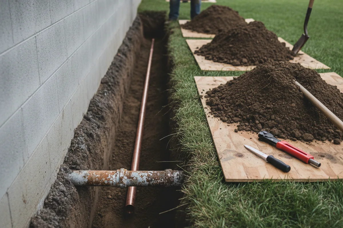 Excavated water line trench during Water Softener Installation in New Haven